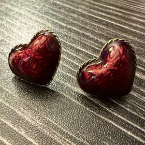 Vintage AVON Red Heart Earrings With Gold Tone Trim and Floral Design Stamped